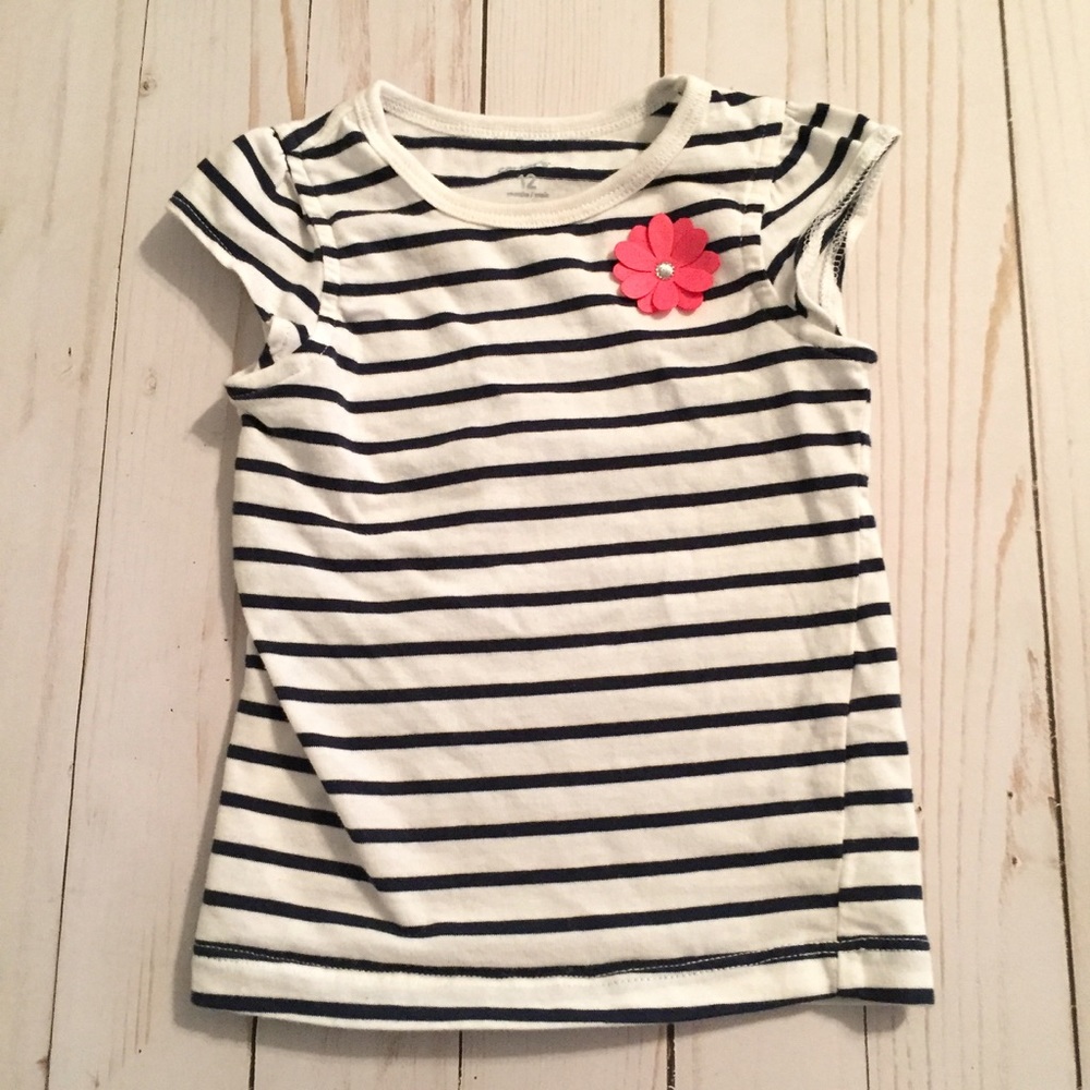 Navy Blue White Striped Tee Top Pink Flower Baby